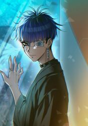 1boy black_background black_hair blue_background blue_eyes blue_hair bridge_piercing collar ear_piercing earrings eyepatch face_piercing fingernails gradient_background hand_up japanese_clothes jewelry lip_piercing looking_at_viewer male_focus multicolored_hair omokage_yugamu one_eye_covered piercing simple_background solo solo_focus the_hundred_line_-last_defense_academy- turning_head upper_body yellow_background