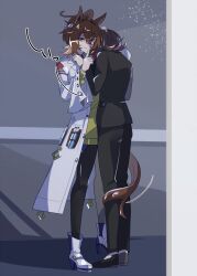 Rule 34 | 2girls, agnes tachyon (umamusume), ahoge, animal ears, black hair, black jacket, black pants, black pantyhose, brown hair, chemical structure, coat, cork, earrings, female trainer (umamusume), finger to mouth, hair between eyes, hand on another&#039;s chest, hand on another&#039;s head, high heels, highres, horse ears, horse girl, horse tail, huge ahoge, index finger raised, jacket, jewelry, lab coat, long sleeves, looking at viewer, medium hair, morimoru413, multiple girls, nervous sweating, open clothes, open coat, pants, pantyhose, red eyes, shoes, shushing, single earring, sweat, sweater, tail, tail wrap, test tube, trainer (umamusume), umamusume, white coat, white shoes, wolf cut, yellow sweater, yuri
