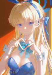 1girl animal_ear_hairband animal_ears bare_shoulders bingyuqin blonde_hair blue_archive blue_bow blue_eyes blue_hairband blue_leotard bow breasts cleavage closed_mouth detached_collar expressionless fake_animal_ears hair_bow hairband highres leotard long_hair looking_at_viewer microphone official_alternate_costume official_alternate_hairstyle playboy_bunny rabbit_ear_hairband rabbit_ears sidelocks solo strapless strapless_leotard toki_(blue_archive) toki_(bunny)_(blue_archive) upper_body wrist_cuffs