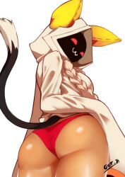 Rule 34 | 1girl, :3, animal ears, animal hood, arc system works, arm at side, artist name, ass, ass focus, blazblue, blazblue: calamity trigger, blonde hair, braid, breasts, cat ears, cat girl, cat tail, closed mouth, clothes lift, cowboy shot, dark-skinned female, dark skin, female focus, from behind, from below, got ji (gojich1), hand on own hip, hood, hood up, hoodie, hoodie lift, large breasts, low twin braids, panties, red eyes, red panties, simple background, sleeves past fingers, sleeves past wrists, solo, standing, tail, taokaka, twin braids, underwear, white background, white hoodie