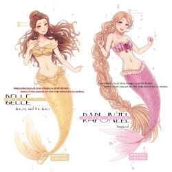 2girls beauty_and_the_beast_(disney) belle_(disney) blonde_hair breasts brown_eyes brown_hair character_name copyright_name green_eyes hair_ornament highres long_hair looking_at_viewer mermaid mizala monster_girl multiple_girls ponytail rapunzel_(disney) smile tangled very_long_hair