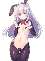 1girl absurdres animal_ears arms_up black_sleeves black_thighhighs breasts cameltoe clenched_hands detached_sleeves expressionless fake_animal_ears gluteal_fold groin hairband heart heart_pasties highres leotard loli long_hair maebari navel original pasties playboy_bunny rabbit_ears red_eyes reverse_bunnysuit reverse_outfit silver_hair simple_background small_breasts solo thigh_gap thighhighs thighs white_background wrist_cuffs yako