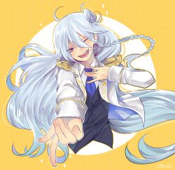 Rule 34 | 1boy, absurdres, androgynous, black vest, braid, chrabi, cropped torso, earpiece, ensemble stars!, epaulettes, gold trim, hair bun, hand on own chest, hibiki wataru, highres, jacket, lapels, long hair, male focus, microphone, notched lapels, polka dot, polka dot background, purple eyes, side braid, single side bun, solo, sparkle, teeth, very long hair, vest, white jacket, yellow background