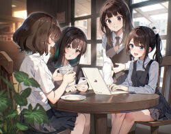 Rule 34 | 4girls, :o, black skirt, blue eyes, blue hair, blue shirt, blush, brown eyes, brown hair, cafe, cellphone, chain, clipboard, closed eyes, collared shirt, colored inner hair, commentary request, computer, cup, dress, holding, holding clipboard, holding cup, holding phone, indoors, laptop, long hair, long sleeves, looking at another, multicolored hair, multiple girls, necktie, nyoro (nyoronyoro000), open mouth, original, phone, pinafore dress, plant, pleated skirt, red necktie, saucer, shirt, short hair, short sleeves, sitting, skirt, sleeveless, sleeveless dress, smile, table, teacup, white shirt, wind