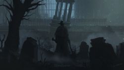 1boy artist_name axe bare_tree black_capelet black_coat black_hat bloodborne capelet coat commentary copyright_name father_gascoigne from_behind grave gun hat highres holding holding_axe holding_gun holding_weapon night outdoors scenery solo stairs tombstone tree tripdancer weapon