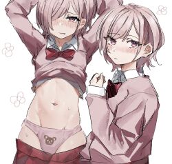 1boy arms_up blush bow bowtie bulge clothes_lift clothes_pull commentary crossdressing embarrassed english_commentary eyes_visible_through_hair fang fang_out groin hair_over_one_eye highres jacket jacket_lift long_sleeves looking_at_viewer male_focus multiple_views navel one_eye_covered original panties pearl_(xcider) pink_hair pink_jacket pink_panties red_bow red_bowtie red_skirt shirt shirt_lift short_hair simple_background skirt skirt_pull stomach sweat trap underwear white_background white_shirt wing_collar xcider