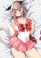 1girl animal_ears bishoujo_senshi_sailor_moon bishoujo_senshi_sailor_moon_s breasts cleavage cosplay curren_chan_(umamusume) ear_covers elbow_gloves from_above gloves grey_hair highres horse_ears horse_girl horse_tail komb large_breasts lying medium_breasts pleated_skirt sailor_collar skirt solo tail umamusume unofficial_sailor_senshi_uniform white_gloves