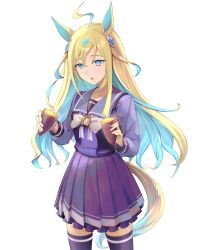 1girl ahoge animal_ears blonde_hair blue_eyes bow bowtie colored_inner_hair cowboy_shot ear_covers food hair_between_eyes highres holding holding_food horse_ears horse_girl horse_tail horseshoe_ornament kanpiro long_hair long_sleeves multicolored_hair neo_universe_(umamusume) pleated_skirt purple_shirt purple_skirt purple_thighhighs roasted_sweet_potato sailor_collar sailor_shirt school_uniform shirt simple_background single_ear_cover skirt solo sweet_potato tail thighhighs tracen_school_uniform two-tone_hair two-tone_tail umamusume white_background white_bow white_bowtie