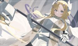 Rule 34 | 1girl, armor, blonde hair, cowboy shot, dogmatika ecclesia the virtuous, duel monster, ecclesia (yu-gi-oh!), facial mark, forehead mark, grey eyes, heichi, highres, holding, holding weapon, horns, long hair, solo, weapon, yu-gi-oh!