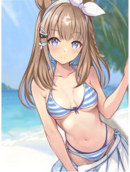 Rule 34 | 1girl, almond eye (umamusume), animal ears, beach, bikini, blush, braid, breasts, brown hair, cleavage, closed mouth, collarbone, commentary request, hairband, horse ears, horse tail, looking at viewer, medium breasts, multicolored hair, nannacy7, navel, ocean, side braid, solo, striped bikini, striped clothes, swimsuit, tail, two-tone hair, umamusume