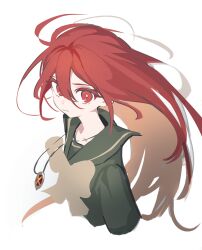 1girl absurdres alastor_(shakugan_no_shana) bow bowtie brown_bow brown_bowtie collarbone commentary_request cropped_torso double-parted_bangs from_side green_sailor_collar green_skirt hair_between_eyes highres long_hair looking_at_viewer red_eyes red_hair sailor_collar shakugan_no_shana shana shiba42505719 sidelocks simple_background skirt solo upper_body white_background