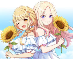 Rule 34 | 2girls, ;d, blonde hair, blush, bow, braid, commentary request, dress, fang, flower, fujita kotone, gakuen idolmaster, hair bow, holding, holding flower, idolmaster, juo sena, looking at viewer, multicolored hair, multiple girls, off-shoulder dress, off shoulder, one eye closed, open mouth, pink hair, sakura ran, skin fang, smile, straight hair, streaked hair, sunflower, twin braids, two-tone hair, upper body, white bow, white dress