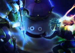 1boy 1girl 1other aqua_hair arm_guards asymmetrical_bangs aura bead_necklace beads black_gloves black_shorts black_tank_top blue_eyes brown_gloves bustier camus_(dq11) clenched_hand commentary_request crown dragon_quest dragon_quest_xi earrings eye_contact fighting fingerless_gloves floating_clothes floating_hair gloves gold_earrings green_bustier grin high_ponytail holding holding_polearm holding_weapon hoop_earrings imminent_punch jewelry looking_at_another martina_(dq11) metal_king naginata necklace o-ring o-ring_top open_mouth pants polearm ponytail popon_(user_eaem5325) purple_eyes purple_hair short_hair shorts smile spiked_hair tank_top tunic weapon