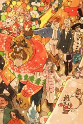 3boys 5girls alice_in_wonderland angelique_(disney) anna_(frozen) baymax beast_(disney) beauty_and_the_beast belle_(disney) big_hero_6 blonde_hair blue_eyes blunt_bangs bob_cut braid brown_hair cheshire_cat_(alice_in_wonderland) chip_&#039;n_dale_rescue_rangers chip_(disney) chip_potts choker christmas_sweater coat commentary_request dale_(disney) disney elsa_(frozen) from_above frozen_(disney) hades_(disney) hair_bun hercules_(1997_film) highres holding holding_sack horns lilo_&amp;_stitch long_hair lumiere_(disney) maui_(moana) mickey_mouse moana_(movie) moana_waialiki mrs._potts multiple_boys multiple_girls olaf_(frozen) orange_hair piglet_(winnie_the_pooh) pooh sack scarf siblings side_ponytail sisters smile snowing steamboat_willie stitch_(lilo_&amp;_stitch) takeuchi_ryousuke wavy_hair winnie_the_pooh