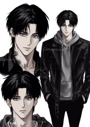 1boy black_eyes black_hair black_jacket character_request closed_mouth commission copyright_request cowboy_shot curtained_hair ear_piercing earrings flower_tattoo grey_eyes grey_hoodie hand_in_pocket highres hood hoodie jacket jewelry looking_at_viewer male_focus multiple_piercings neck_tattoo open_clothes open_jacket piercing portrait short_hair simple_background solo sso_s tattoo white_background