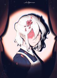 Rule 34 | 1girl, animification, apron, blush, burn scar, colored eyelashes, colored skin, commentary, curtains, english commentary, flat chest, flower, hair between eyes, hair bun, hair flower, hair ornament, half updo, highres, horns, ivorycello, looking at viewer, maid, minecraft youtube, one eye closed, painterly, red eyes, red flower, scar, scar on face, short hair, sidelocks, single hair bun, solo, spotlight, tobiyaki, white apron, white eyelashes, white hair, white skin, whitepine