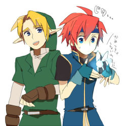 2boys blue_eyes earrings fairy fire_emblem fire_emblem:_the_binding_blade gloves hat headband jewelry link lowres male_focus multiple_boys navi nintendo pointy_ears red_hair roy_(fire_emblem) smile super_smash_bros. the_legend_of_zelda
