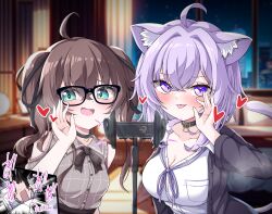 1boy 2girls absurdres ahoge animal_ear_fluff animal_ears asmr black-framed_eyewear black_choker black_collar black_skirt blue_eyes blush breasts brown_hair cat_ears cat_girl cat_tail choker closed_mouth collar collared_shirt grey_shirt heart highres hololive large_breasts looking_at_viewer mochizuki_hull multiple_girls natsuiro_matsuri natsuiro_matsuri_(casual) neck_ribbon nekomata_okayu nekomata_okayu_(oversized_shirt) official_alternate_costume open_mouth purple_eyes purple_hair purple_ribbon ribbon shirt skirt small_breasts smile tail tongue tongue_out virtual_youtuber white_shirt
