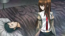 1boy 1girl adam&#039;s_apple arm_belt beard_stubble bed bed_sheet bedside belt black_hair black_pantyhose black_shorts breast_pocket breasts brown_hair brown_jacket closed_eyes closed_mouth coat collared_shirt day facial_hair frown game_cg hair_between_eyes hair_over_breasts hair_over_shoulder highres huke indoors jacket jacket_partially_removed lab_coat leather_belt long_sleeves makise_kurisu messy_hair narrowed_eyes necktie non-web_source official_art okabe_rintarou on_bed pantyhose pink_lips pocket purple_eyes purple_trim red_necktie ringed_eyes sad shiny_lips shirt short_hair shorts sitting sleeping small_breasts square_pupils steins;gate steins;gate:_linear_bounded_phenogram stubble under_covers white_belt white_coat white_shirt worried
