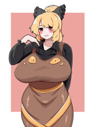 1girl absurdres black_bow black_shirt blonde_hair blush bow breasts brown_dress collared_shirt commentary_request cowboy_shot dress extra_eyes hair_bow hair_bun hand_up highres huge_breasts impossible_clothes impossible_dress kurodani_yamame long_sleeves looking_at_viewer medium_hair paid_reward_available parted_lips pinafore_dress pink_background red_eyes ribbon rinyamame shirt single_hair_bun sleeveless sleeveless_dress solo touhou two-tone_background white_background yellow_ribbon