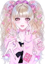 1girl aegyo_sal black_bow blonde_hair bow breasts cellphone cleavage commentary_request decoden flip_phone gem gyaru gyaru_v hair_bow heart highres hime_gyaru himekaji hood hood_down hoodie jewelry long_hair looking_at_viewer my_melody necklace obaketchi onegai_my_melody original phone pink_bow pink_eyes pink_hoodie pink_nails pink_theme pom_pom_(clothes) sanrio shirukii solo tamagotchi tamagotchi_(virtual_pet) tamagotchi_connection twintails v