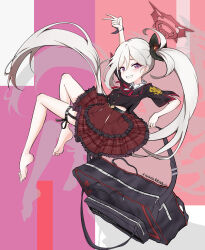 Rule 34 | 1girl, absurdres, arm up, bag, barefoot, belt, black belt, black flower, black shirt, blue archive, blush, chinese commentary, commentary request, drop shadow, feet, floating hair, flower, frilled skirt, frills, full body, furrowed brow, grey hair, grin, hair between eyes, hair flower, hair ornament, halo, high-waist skirt, highres, holding, holding bag, lai yifen shatang, long hair, looking at viewer, midair, mutsuki (blue archive), neck ribbon, plaid clothes, plaid skirt, red eyes, red halo, red ribbon, red skirt, ribbon, shirt, short sleeves, side ponytail, signature, skirt, slit pupils, smile, soles, solo, thigh strap, toes, v, very long hair