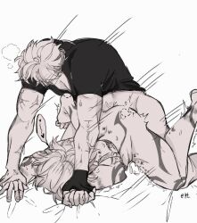 Rule 34 | 2boys, anal, armlet, bite mark, bite mark on ass, blush, bottomless, breath, completely nude, cum, cum in ass, cum on body, fingerless gloves, gloves, greyscale, hch85784281, head blush, heart, holding hands, honkai: star rail, honkai (series), jewelry, male focus, male penetrated, monochrome, motion lines, multiple boys, mydei (honkai: star rail), nude, phainon (honkai: star rail), pinned, rough sex, sex, shirt, short hair, short sleeves, single glove, speech bubble, top-down bottom-up, white backgroound, yaoi