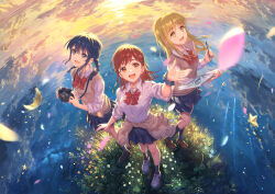 3girls :d black_hair black_socks blonde_hair blue_skirt blue_socks bow braid breasts brown_cardigan brown_eyes brown_footwear brown_hair camera camera_around_neck cardigan cardigan_around_waist clothes_around_waist collared_shirt commentary_request copyright_request crescent dress_shirt highres holding holding_camera holding_pencil kamome_yuu low_twintails multiple_girls notepad open_mouth pencil pleated_skirt purple_eyes red_bow reflection school_uniform shirt skirt small_breasts smile socks star_(symbol) sunset sweater_vest twin_braids twintails water white_footwear white_shirt