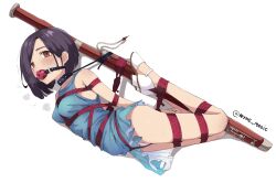 1girl arms_up artist_logo artist_name ball_gag bare_shoulders bdsm between_breasts between_legs between_thighs blue_dress bondage bound bound_arms bound_breasts bound_legs bound_torso breast_bondage breasts clenched_hand clothes_lift collar collarbone commission crotch_rope dress dress_lift drooling female_focus frilled_dress frills gag gagged high_heels highres hogtie instrument logo looking_at_viewer looking_to_the_side looking_up lying medium_hair nyne_star on_side orange_eyes perky_breasts purple_hair red_rope rinwell_(tales) rope saliva saliva_trail shibari shibari_over_clothes shoes simple_background skin_tight skindentation sleeveless sleeveless_dress small_breasts solo sweat sweatdrop swept_bangs tales_of_(series) tales_of_arise thighs wet white_background