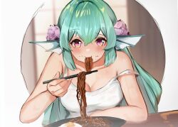 1girl blush breasts chopsticks cleavage collarbone eating egg_(food) finana_ryugu fins fish_girl flower food food_in_mouth food_on_face green_hair hair_flower hair_ornament head_fins highres holding holding_chopsticks long_hair looking_at_viewer medium_breasts nijisanji nijisanji_en nin_fake noodles purple_eyes purple_flower ramen solo strap_slip sweat tank_top virtual_youtuber white_tank_top
