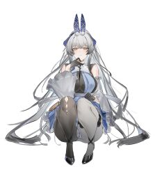1girl absurdres animal_ears black_boots black_gloves black_pantyhose blue_dress boots breasts collar collared_dress commentary detached_sleeves dress flantia frilled_dress frills full_body gloves grey_eyes grey_hair hair_between_eyes hair_ornament highres large_breasts light_smile long_hair looking_at_viewer original pantyhose simple_background sleeveless sleeveless_dress solo squatting strap thigh_strap transparent_background very_long_hair white_collar white_pantyhose