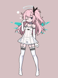 1girl :/ ambriel_(arknights) arknights bare_shoulders black_bow blue_halo blue_wings blush bow bow_panties breasts cameltoe chinese_commentary choker cleavage collarbone commentary_request detached_wings dress elbow_gloves energy_wings expressionless flat_chest full_body garter_straps gloves halo hand_up highres hydrogina lingerie long_hair looking_at_viewer navel one_eye_closed one_side_up panties parody pink_background pink_hair purple_eyes ringed_eyes see-through_clothes see-through_dress simple_background solo spaghetti_strap style_parody thighhighs traditional_halo underwear vanripper_(style) white_choker white_dress white_garter_straps white_panties white_thighhighs wings zettai_ryouiki