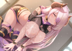 absurdres all_fours alternate_costume black_nails black_shorts blue_eyes bracelet breasts closed_eyes commission fishnet_top fishnets granblue_fantasy hair_over_one_eye hanging_breasts highres horns huge_breasts jewelry lactation looking_at_viewer narmaya_(granblue_fantasy) nipples nironiro pink_hair pixiv_commission projectile_lactation shorts smile spiked_bracelet spikes tan tanline thighhighs