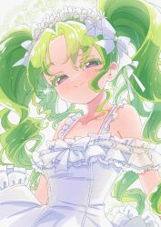 1girl absurdres bare_shoulders blush bow colored_eyelashes commentary curly_hair curly_sidelocks dot_nose dress dress_bow falulu flower frilled_dress frills green_eyes green_hair hair_flower hair_ornament half-closed_eyes highres long_hair looking_at_viewer no_pupils parted_bangs pretty_series pripara smile solo sparkle sukoyaka_(100hituzi) white_background white_bow white_dress white_flower