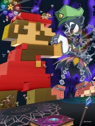 2girls 4boys artist_name aura barry_(paper_mario) battle blonde_hair book boomer_(paper_mario) bowser brown_hair brown_shirt brown_shoes bug butterfly carrie_(paper_mario) castle crystal cudge_(paper_mario) dashell dimentio door dottie dress facial_hair fleep floating flying giant gloves green_hat hat heart highres holding holding_hands holding_umbrella insect long_hair luigi maribou_(supermaribou) mario mario_(series) mimi_(paper_mario) multiple_boys multiple_girls mustache neck_ruff nintendo o&#039;chunks open_mouth overalls paper_mario piccolo_(paper_mario) pink_dress pointing princess_peach red_hat red_overalls sharp_teeth shirt shoes short_hair slim_(paper_mario) staff standing super_dimentio super_paper_mario super_star_(mario) surprised teeth thoreau thudley tippi_(paper_mario) twitter_username umbrella umbrella_riding white_gloves