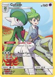 2boys artist_name blue_sky card_(medium) character_name closed_mouth cloud company_name copyright_name copyright_notice day english_text flower gallade gen_3_pokemon gen_4_pokemon grass green_hair grey_eyes huang_tzu_en kirlia male_focus multiple_boys nintendo official_art outdoors pokemon pokemon_(creature) pokemon_card pokemon_oras pokemon_tcg red_eyes red_flower short_hair sky smile third-party_source trading_card wally_(pokemon)