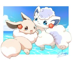 Rule 34 | alolan form, alolan vulpix, alternate color, animal focus, blue eyes, blue sky, blush, closed mouth, eevee, flower, full body, gen 1 pokemon, gen 7 pokemon, highres, looking at viewer, mimix, nintendo, no humans, ocean, open mouth, pokemon, pokemon (creature), pokemon focus, shiny pokemon, sky, smile, tail, water
