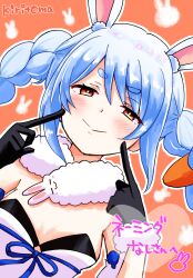 Rule 34 | 1girl, animal ear fluff, animal ears, bare shoulders, black gloves, black leotard, blue hair, blush, braid, brown background, carrot hair ornament, closed mouth, commentary request, don-chan (usada pekora), dress, dutch angle, fingers to cheeks, food-themed hair ornament, fur-trimmed gloves, fur trim, gloves, hair ornament, half-closed eyes, hands up, highres, hololive, kiritoma, leotard, long hair, looking at viewer, orange eyes, rabbit-shaped pupils, rabbit ears, short eyebrows, signature, smile, solo, strapless, strapless dress, strapless leotard, symbol-shaped pupils, thick eyebrows, translation request, twin braids, twintails, upper body, usada pekora, usada pekora (1st costume), virtual youtuber, white dress