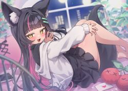 Rule 34 | 1girl, :3, absurdres, animal ears, bare legs, barefoot, bed frame, black hair, black shirt, black skirt, black tail, blunt bangs, blurry, blush, cellphone, cherry, cityscape, collared shirt, colored inner hair, commission, depth of field, fang, feet out of frame, food, fox ears, fox tail, fruit, hair ornament, hairpin, hand on own knee, hands up, heart, heart-shaped pillow, highres, hino hinoki, hood, hoodie, indie virtual youtuber, indoors, knees up, letter, light particles, long hair, long sleeves, looking at viewer, looking to the side, multicolored hair, night, night sky, on bed, open clothes, open hand, open hoodie, open mouth, outstretched arm, petite, phone, pillow, plant, pleated skirt, potted plant, reclining, second-party source, shirt, skirt, sky, smartphone, smug, solo, streaked hair, stuffed cherry, stuffed toy, tail, trente, very long hair, virtual youtuber, white hoodie, window, yellow eyes
