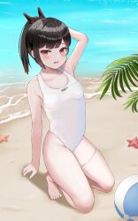 1girl absurdres arm_behind_head ball bare_shoulders beach beachball black_hair blush breasts brown_hair collarbone covered_navel goddess_of_victory:_nikke gradient_hair highres kneeling multicolored_hair ocean one-piece_swimsuit ponytail red_eyes sand short_ponytail skindentation small_breasts solo starfish swimsuit thigh_strap water wavy_mouth white_one-piece_swimsuit yomining zwei_(nikke)