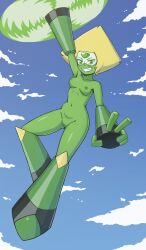 1girl absurdres aircraft belly blonde_hair blue_sky breasts cartoon_network cloud colored_skin flying forehead forehead_jewel gem glasses green_eyes green_skin helicopter highres looking_at_viewer mechanical_arms mechanical_legs navel nipples nude open_mouth peridot_(steven_universe) pussy self-upload single_mechanical_arm sky smile solo steven_universe teeth tixxto v