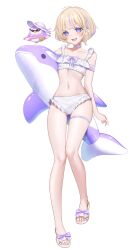 1girl absurdres banpen_(todoroki_hajime) bikini blonde_hair feet frilled_bikini frills highres hololive hololive_dev_is inflatable_toy inflatable_whale looking_at_viewer mui_maru multicolored_hair navel open_mouth purple_eyes sandals short_hair simple_background smile solo streaked_hair swimsuit todoroki_hajime virtual_youtuber white_background