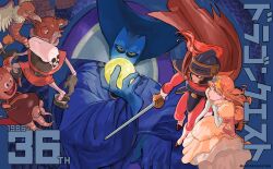 1girl 2boys absurdres anniversary aretokasoretoka blue_helmet blue_skin brown_hair cape chimaera_(dragon_quest) colored_skin covered_mouth dracky dragon_lord dragon_quest dragon_quest_i dress drohl_drone expressionless gloves glowing helmet hero_(dq1) highres holding holding_orb holding_sword holding_weapon horned_hat lunatick monster multiple_boys parted_lips princess_laura puffy_short_sleeves puffy_sleeves red_cape scorpion_(dragon_quest) she-slime short_sleeves skeleton_(dragon_quest) sword tiara weapon white_gloves yellow_eyes