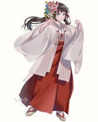1girl artist_name black_hair blue_eyes dancing flower fox_mask hair_flower hair_ornament hakama highres japanese_clothes long_sleeves looking_at_viewer making-of_available mask mask_on_head miko natsume_koji original red_hakama sandals simple_background socks solo tabi tap_dance twintails white_socks wide_sleeves zouri