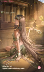 1girl absurdly_long_hair all-night_reverie_(shining_nikki) ancient_egyptian_clothes artist_request bangle bare_shoulders beads bracelet brown_hair character_name circlet copyright_name dark-skinned_female dark_skin english_text fire full_body gold_armlet gold_bracelet green_shirt green_skirt hair_beads hair_ornament hand_on_ground hester_(shining_nikki) highres holding indoors jewelry light_particles light_rays light_smile logo long_hair long_skirt looking_at_viewer looking_back midriff multiple_bracelets nikki_(series) object_request official_art on_floor parted_lips pillar plant potted_plant reflective_floor second-party_source shining_nikki shirt sitting skirt skirt_set solo statue straight_hair sunset thigh_strap tile_floor tiles torch usekh_collar vase very_long_hair yellow_eyes