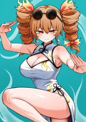 1girl absurdres armpits bare_legs blush breasts china_dress chinese_clothes cleavage cleavage_cutout clothing_cutout diamond_earrings dress earrings eyewear_on_head fighting_stance highres jewelry large_breasts light_smile looking_at_viewer orange_hair ringlets scavia10 sleeveless sleeveless_dress solo standing standing_on_one_leg sunglasses touhou twintails white_dress yorigami_jo&#039;on