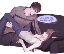 1boy 1girl belt breasts brown_eyes brown_hair brown_sweater caleb_(love_and_deepspace) clothes_pull couch couple english_text eye_contact hetero highres lifting_person long_hair looking_at_another love_and_deepspace lying male_underwear male_underwear_peek on_back on_couch open_belt pants pants_pull protagonist_(love_and_deepspace) rinnielog short_hair simple_background small_breasts speech_bubble sweater talking turtleneck turtleneck_sweater twitter_username underwear white_background white_sweater