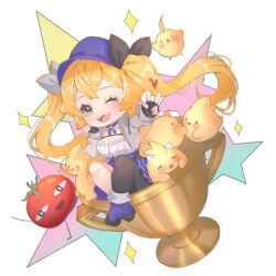 Rule 34 | 1girl, ;d, black gloves, black pantyhose, blonde hair, blue boots, blue hat, blue skirt, blush, boots, chibi, chibi only, commentary, cropped jacket, dokibird (vtuber), dokibird (vtuber) (retro doki), dokibird (vtuber) (tomato), dragoon (dokibird), english commentary, fingerless gloves, gloves, green eyes, grey jacket, hat, indie virtual youtuber, jacket, long hair, looking at viewer, miniskirt, one eye closed, open clothes, open jacket, open mouth, pantyhose, pearl star, single leg pantyhose, skirt, smile, solo, trophy, twintails, v, virtual youtuber