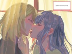 2girls animal_ears bang_dream! bang_dream!_it&#039;s_mygo!!!!! black_shirt blonde_hair blush closed_eyes commentary curtains french_kiss hand_up highres kiss light_particles marshmallow_(site) medium_hair misumi_uika multiple_girls purple_eyes request_inset shirt togawa_sakiko tongue tongue_out upper_body xin_(blueramen) yellow_shirt yuri