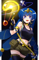 adapted_costume armlet bare_shoulders belt belt_buckle black_background black_belt black_gloves black_tank_top black_thighhighs blue_eyes blue_hair blue_napoleon_(idolmaster) breasts brown_shorts buckle choker cleavage cowboy_shot crop_top earrings facial_mark fingerless_gloves gloves gold gold_choker hair_bobbles hair_ornament highres holding holding_scepter hoop_earrings jewelry key_earrings large_breasts long_hair looking_at_viewer michigami_nareko muchin_jousha nail_polish open_mouth scepter shirt short_shorts shorts sleeveless sleeveless_shirt tank_top thighhighs touhou triangle triangle_facial_mark very_long_hair